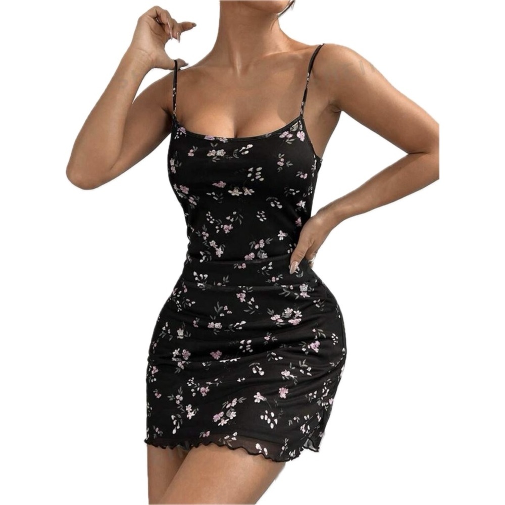 SHEIN Womens Ditsy Floral Print Lettuce Trim Cami Dress, Size L